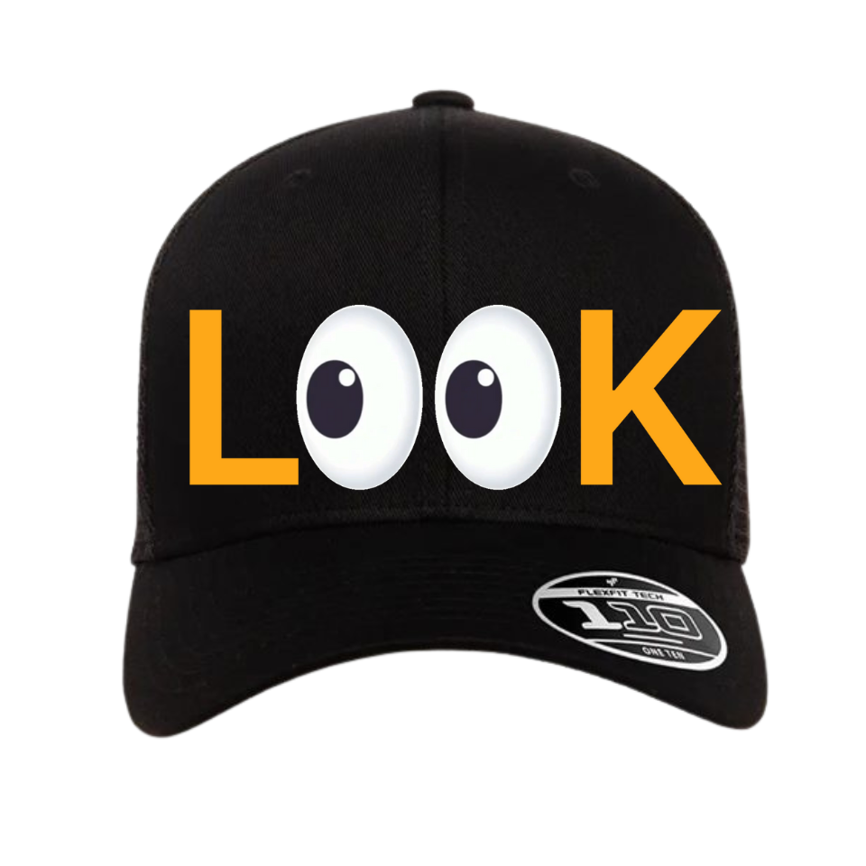 L👀K Large Bold Front Snap Back Trucker Hat