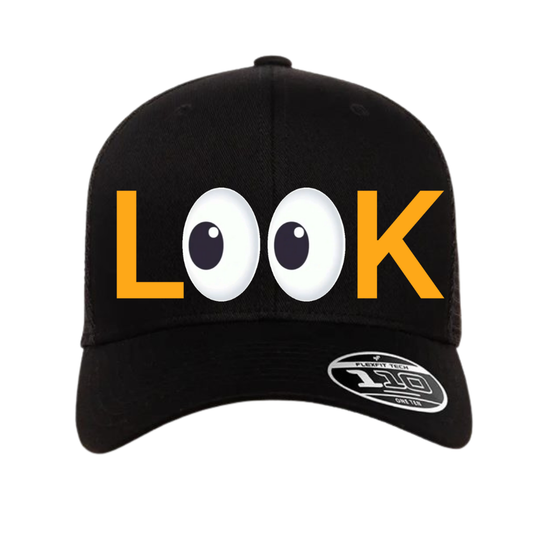 L👀K Large Bold Front Snap Back Trucker Hat