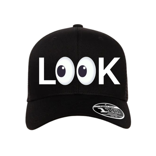 L👀K Large White Logo Snap Back Trucker Hat
